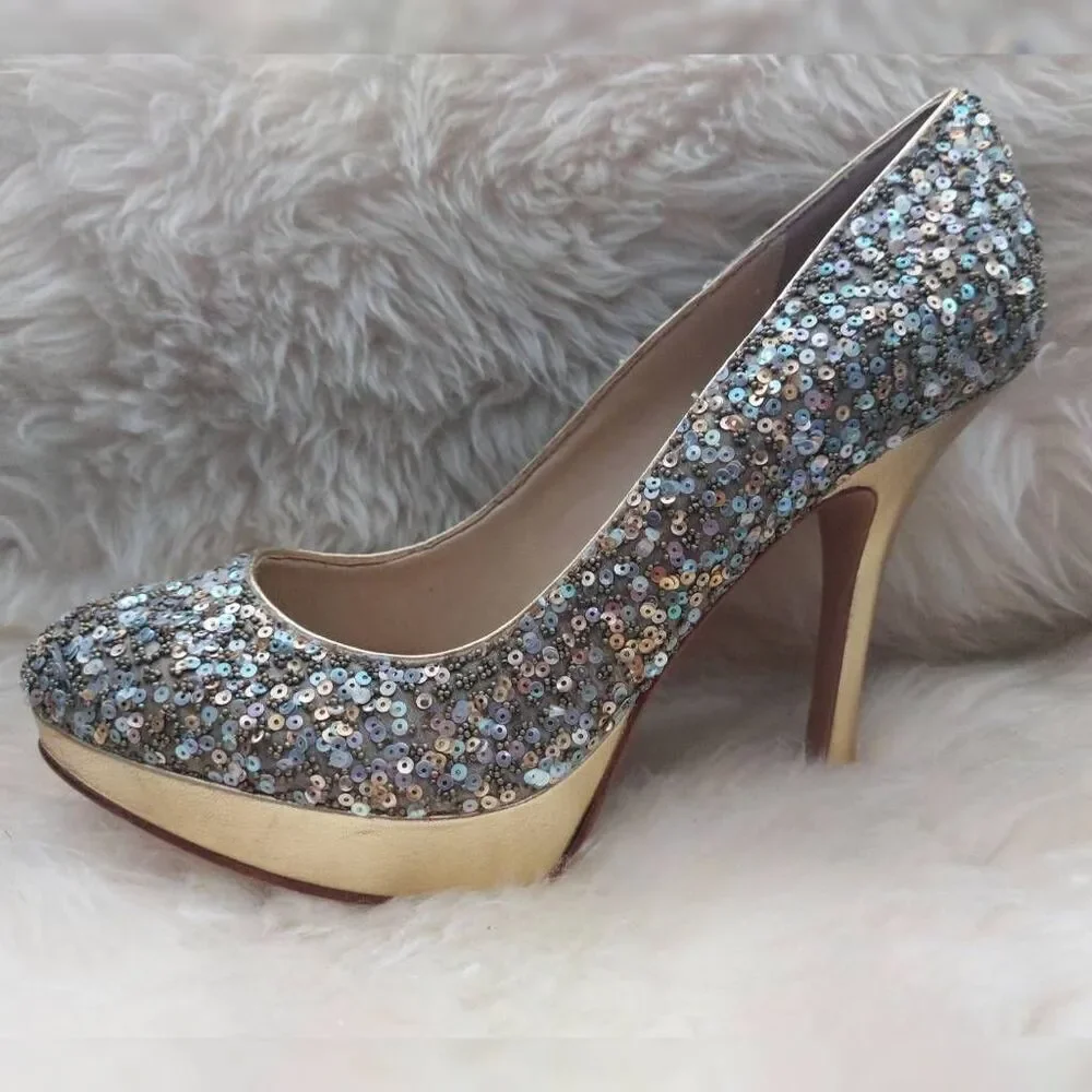Joan & David Gold Sequin Platform Heels Pumps Size 6 Metallic Glam Party - Picture 7 of 12